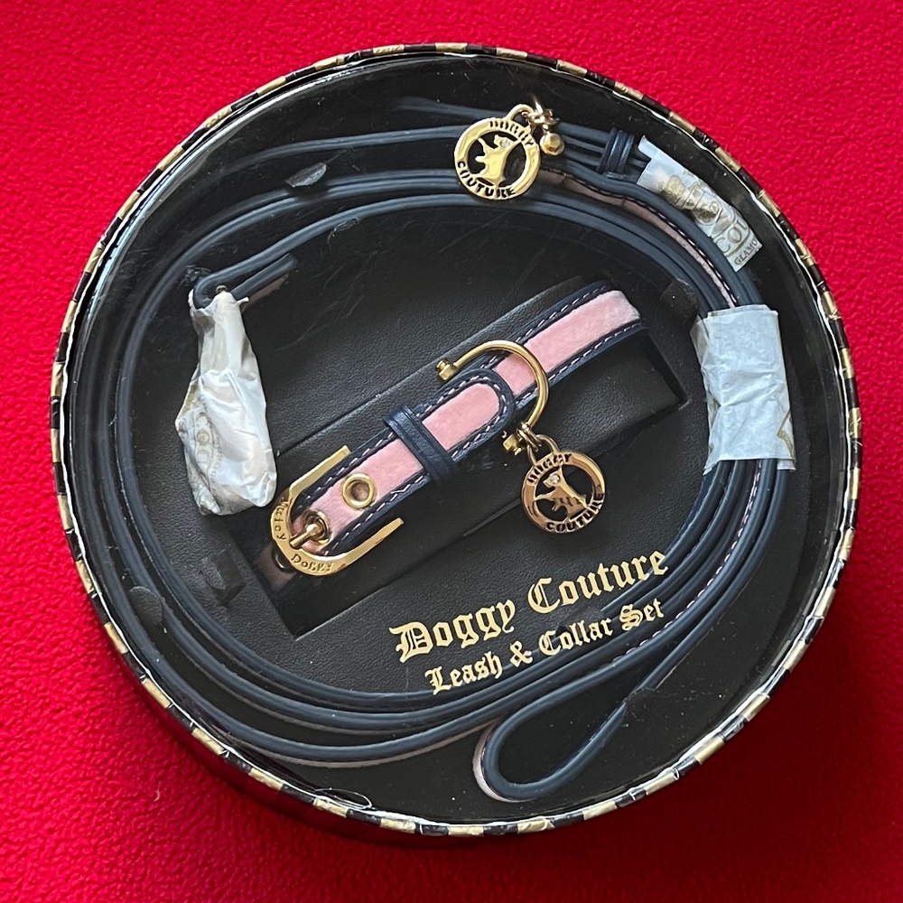 NWT JUICY COUTURE DOGGY Leather Leash & Dog Collar Set Navy Pink Vintage S Rare